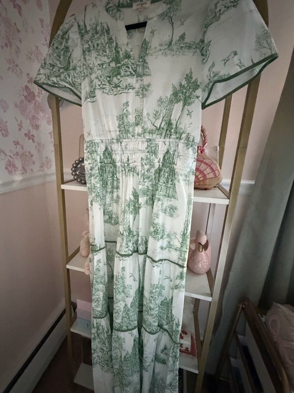 Umgee Cream Dress with Green Scenic Toile Print